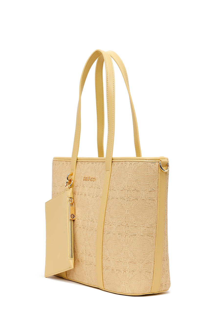 Woman Beige Patterned Wicker Shoulder Bag with Long Strap