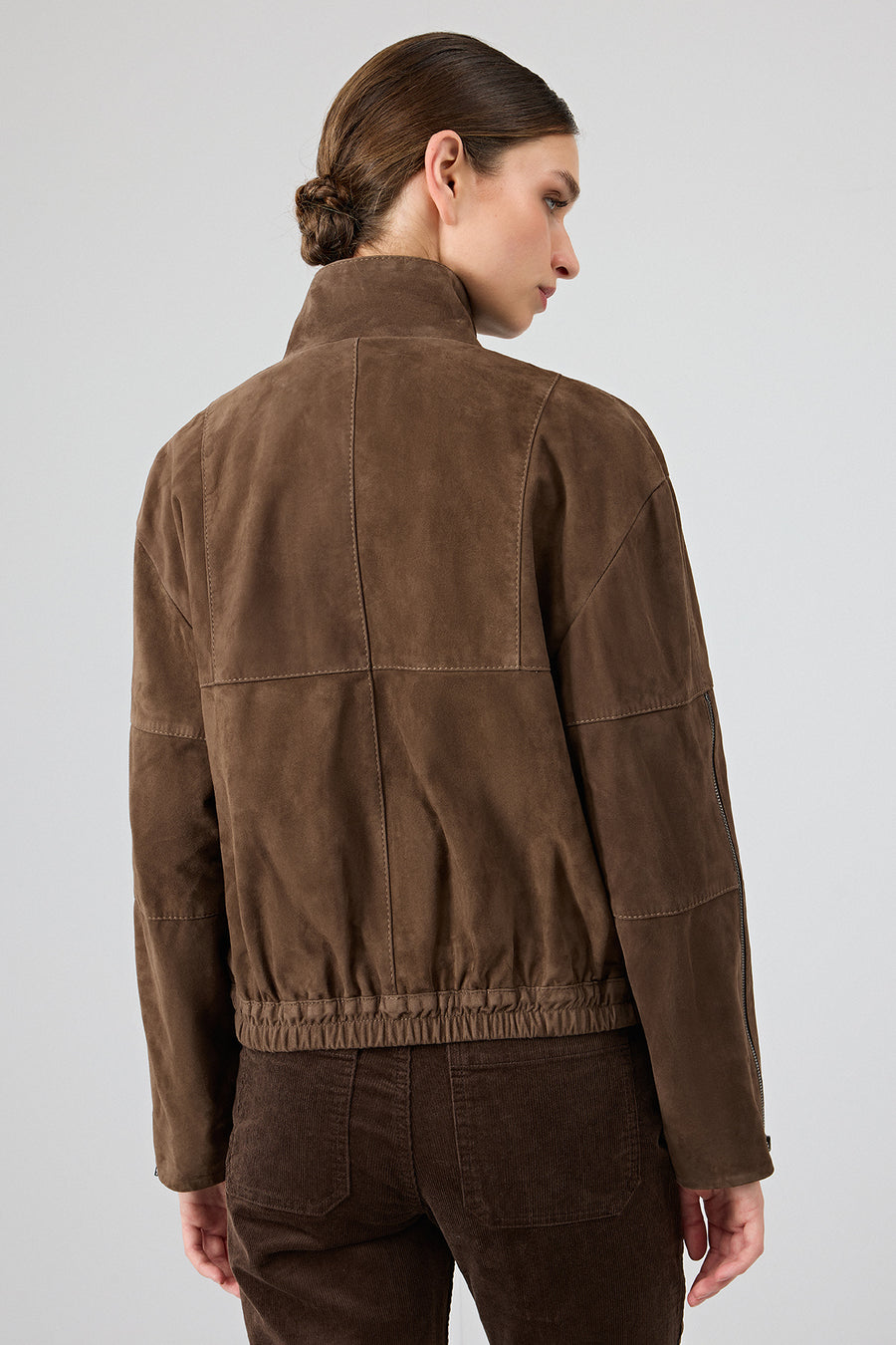 Gina Women's Brown Stand Collar Oversize Short Suede Leather Jacket