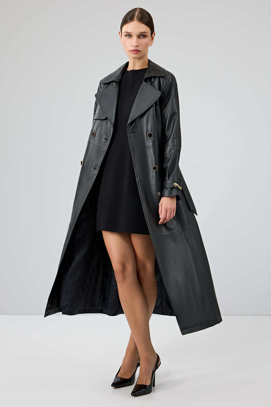 Jenny -X Women's Black Belt Detailed Leather Trench Coat