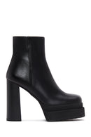 Women's Black Leather Zippered Platform Heeled Boots | Derimod