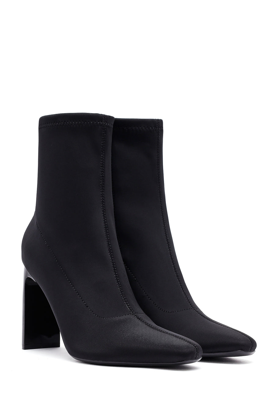 Woman Black Zip Closure High Thick Heeled Fabric Boots