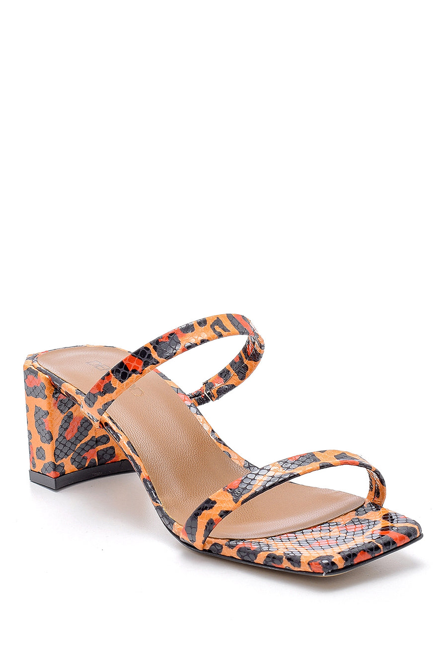 Women's Leather Leopard Patterned Heeled Slippers