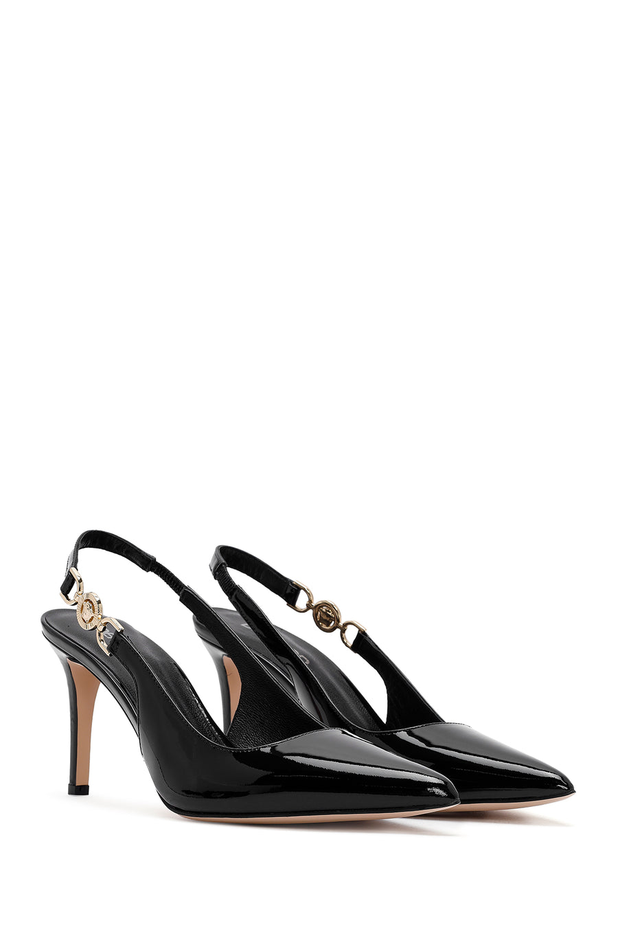 Women's Black Open Back Thin Heel Patent Leather Shoes