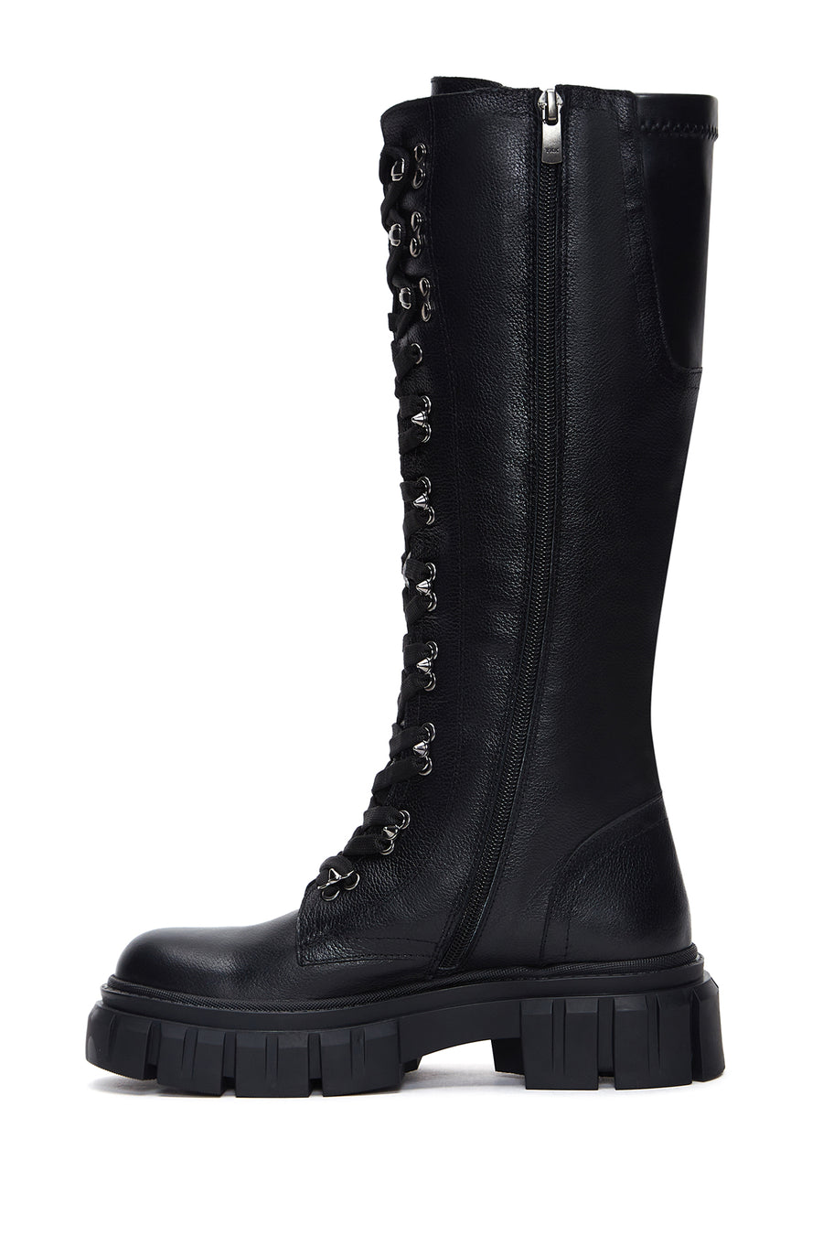 Women's Black Leather Zippered Thick Soled Boots