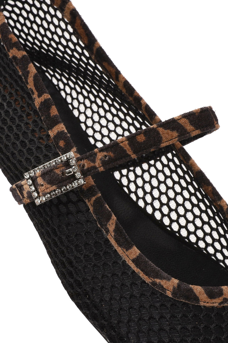 Women's Black Leopard Patterned Buckled Mesh Leather Ballerinas