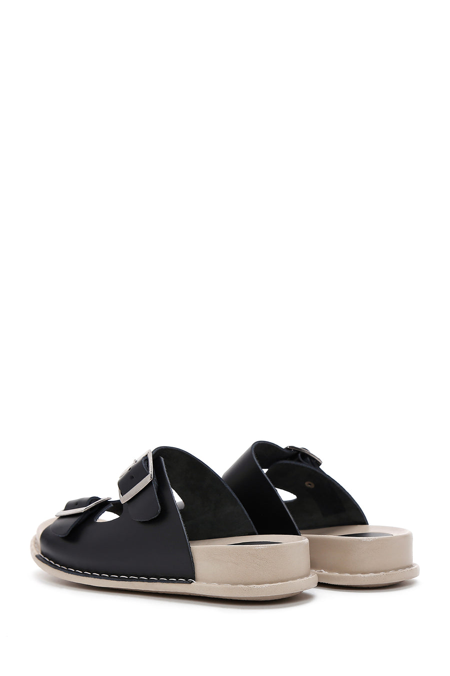 Women's Black Double Buckle Leather Comfort Slippers
