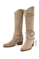 Women's Beige Thick Heel Buckle Detailed Suede Leather Cowboy Boots | Derimod