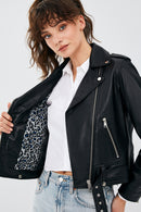 Newage Women's Black Slim-Fit Biker Leather Jacket | Derimod