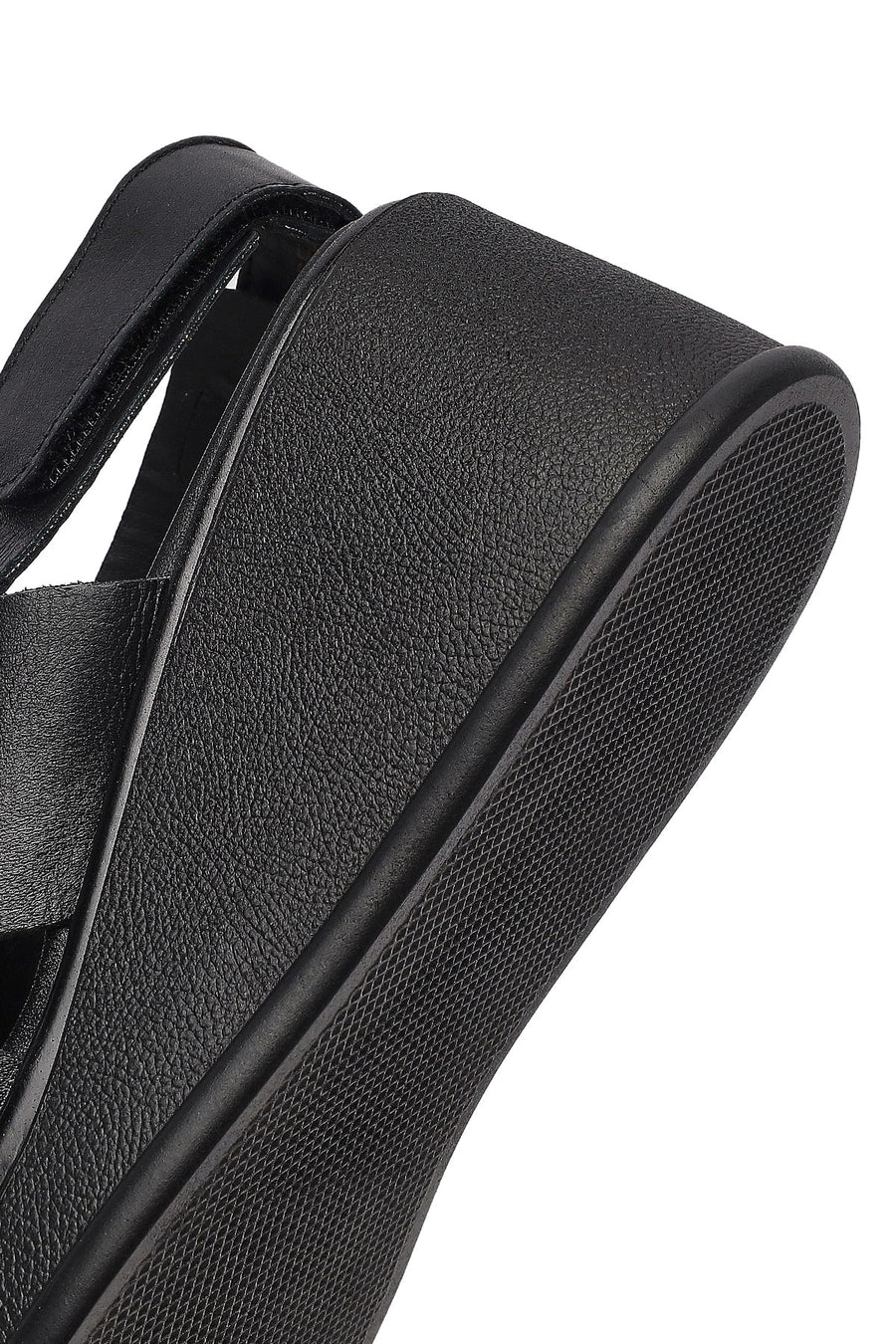 Women's Black Strapped Wedge Heel Leather Sandals