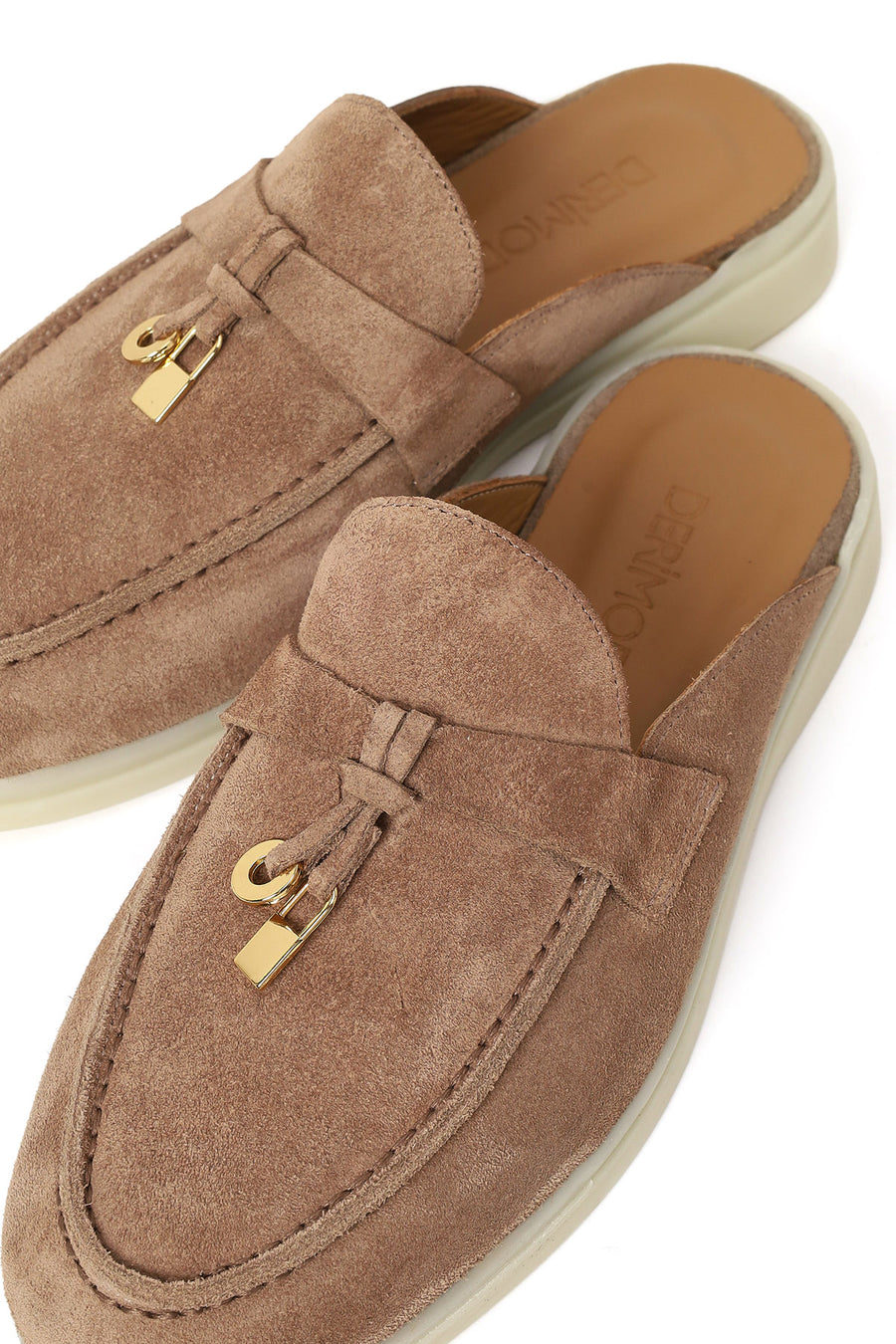 Women's Beige Buckle Suede Leather Slippers