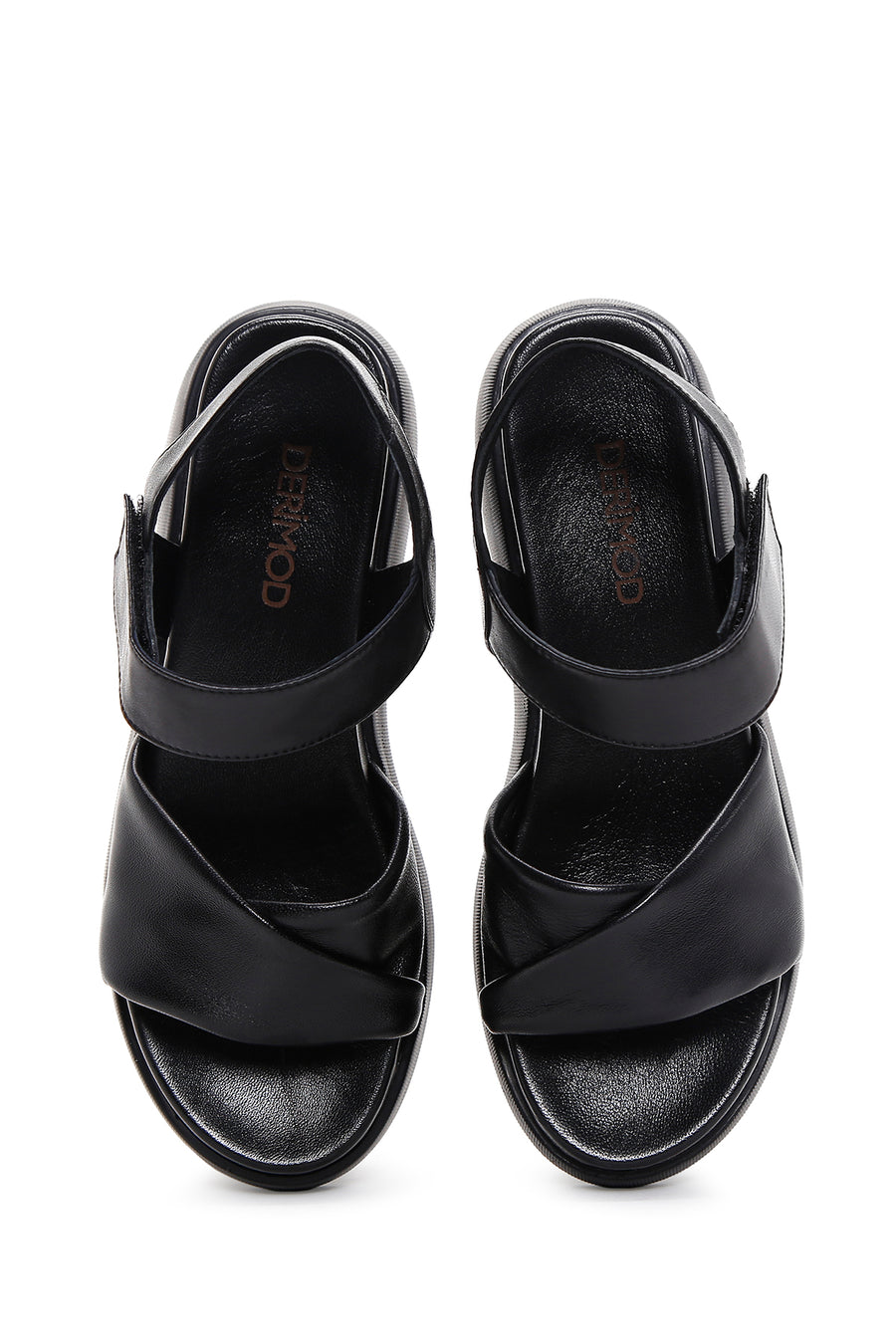 Women's Black Ankle Strap Thick-Sole Leather Sandals