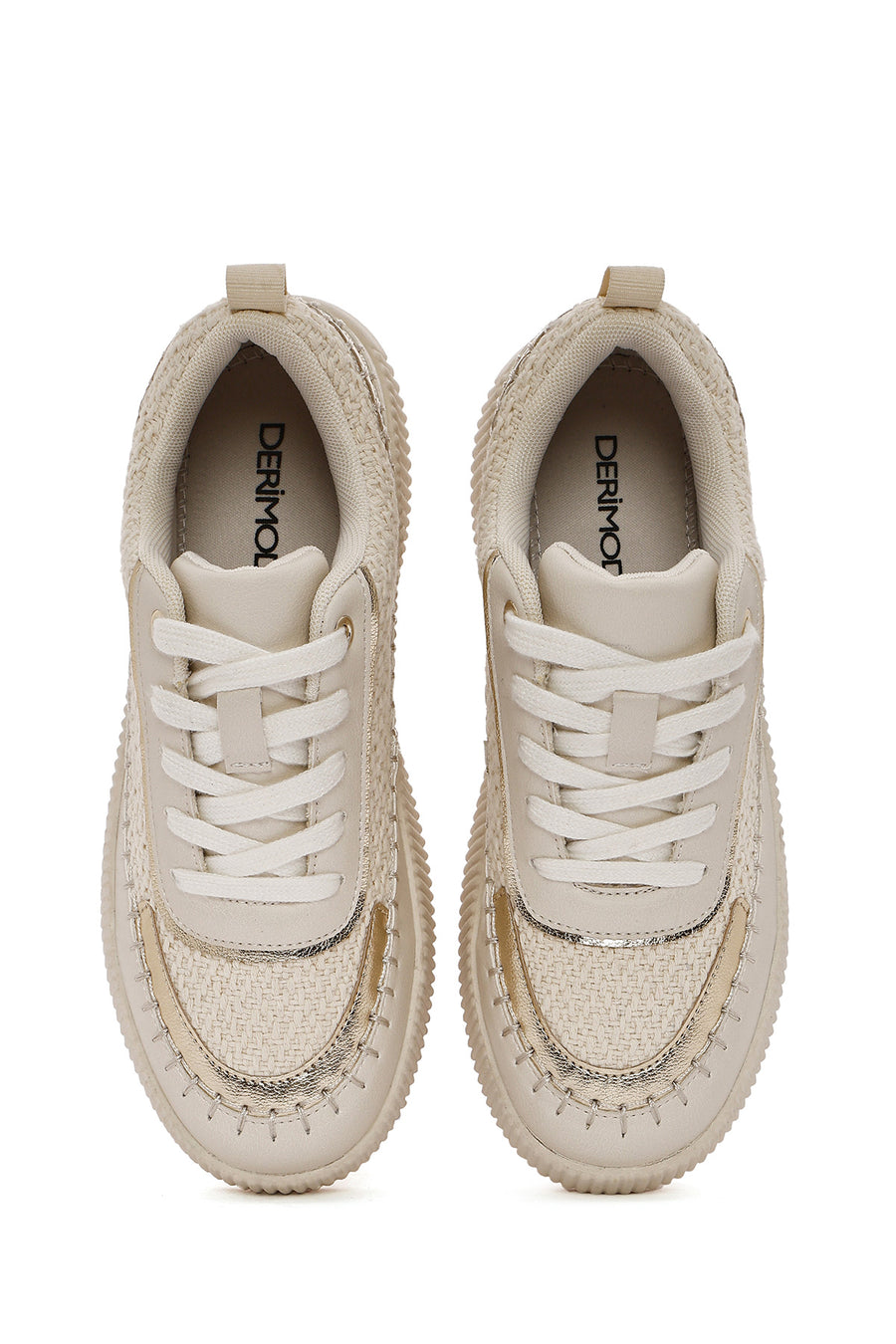 Women's Beige Lace-Up Thick-Sole Knitted Sneakers