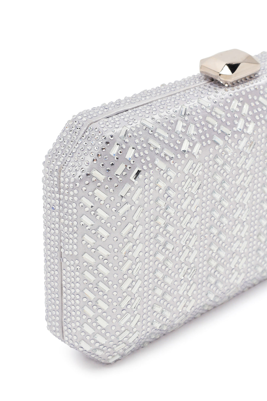 Woman Silver Long Chain Strap Stone-Embellished Mini Box Evening Bag