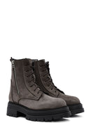 Women's Mink Lace-Up Double Zipper Detailed Thick-Soled Nubuck Leather Combat Boots | Derimod