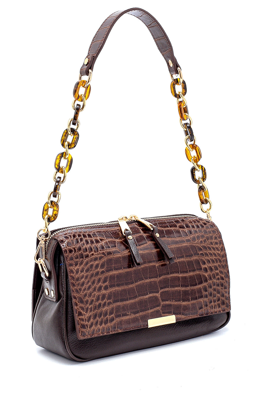 Women's Crocodile Patterned Shoulder Bag with Strap Detail