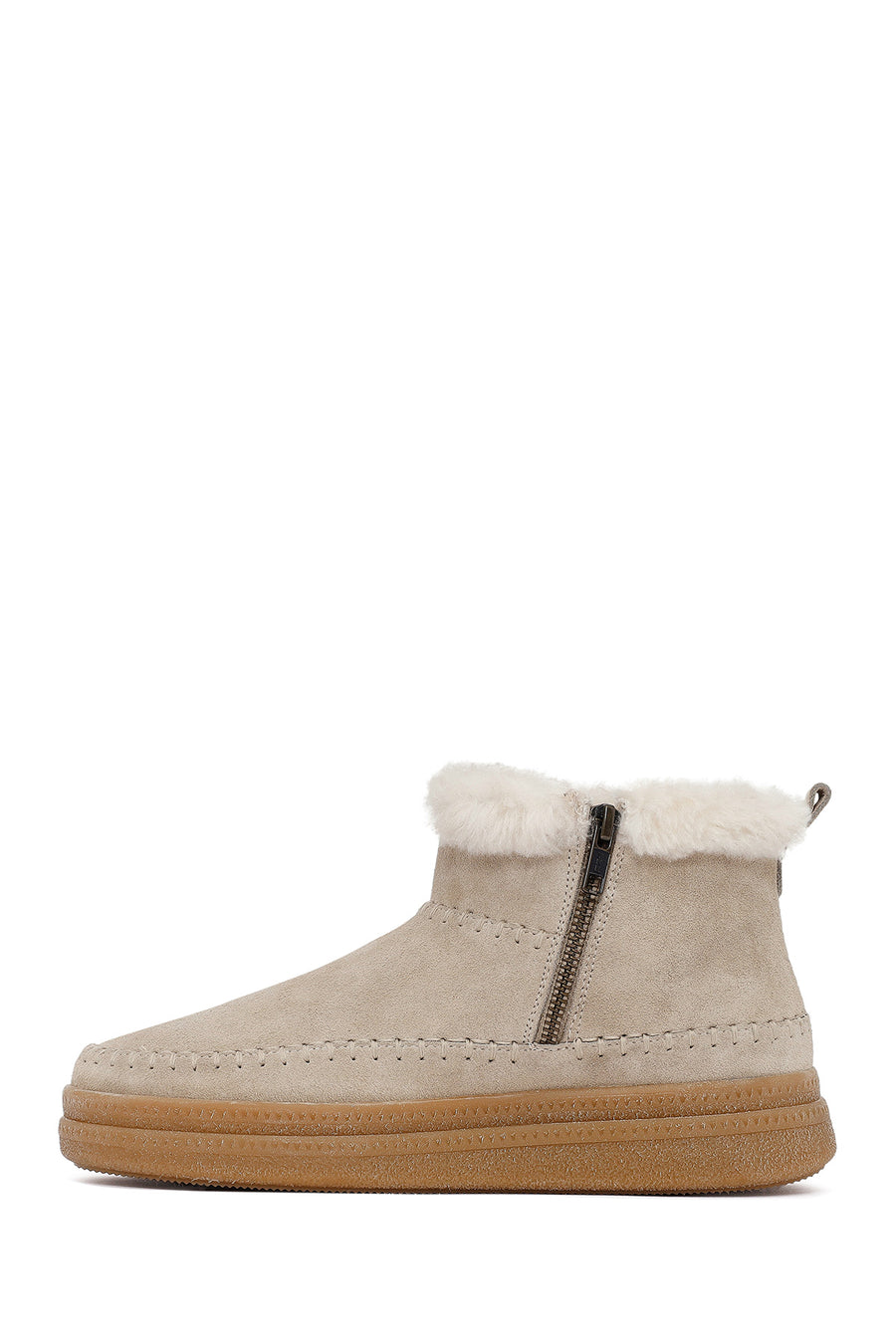 Woman Beige Zip Closure Thick-Soled Suede Teddy Boots