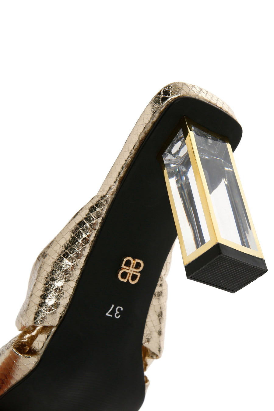 Women's Gold Transparent Thick Heeled Metallic Slippers