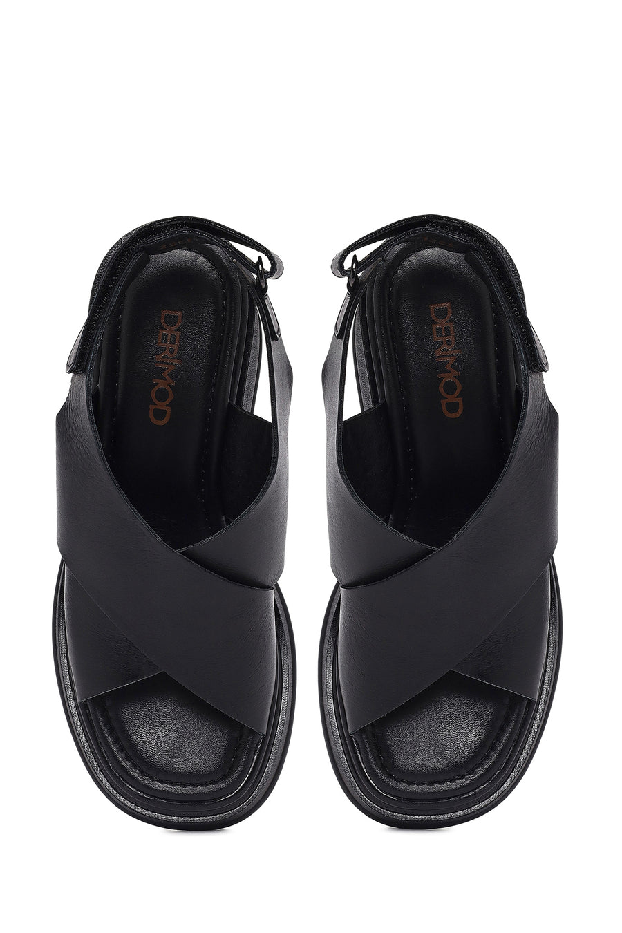 Women's Black Strapped Wedge Heel Leather Sandals