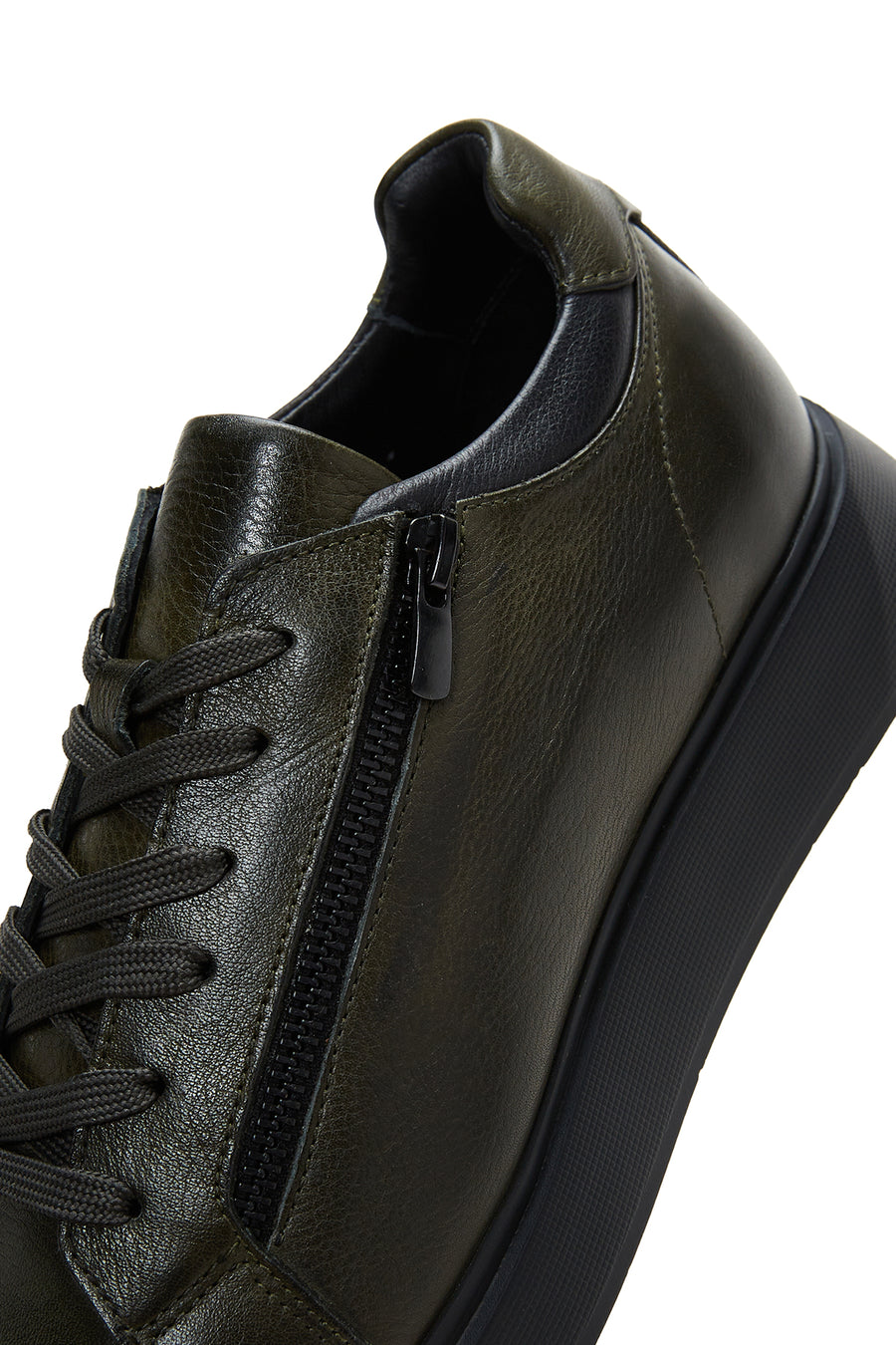 Erkek Haki Deri Fermuar Detaylı Kalın Tabanlı Sneaker