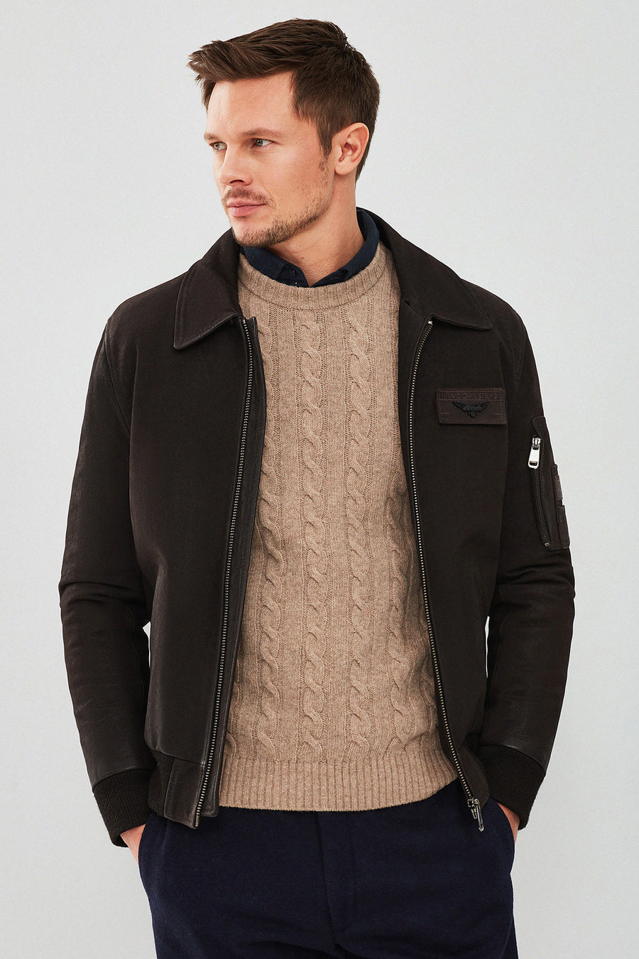 Falcon Men's Brown Embroidered Collar Fur Leather Pilot Jacket