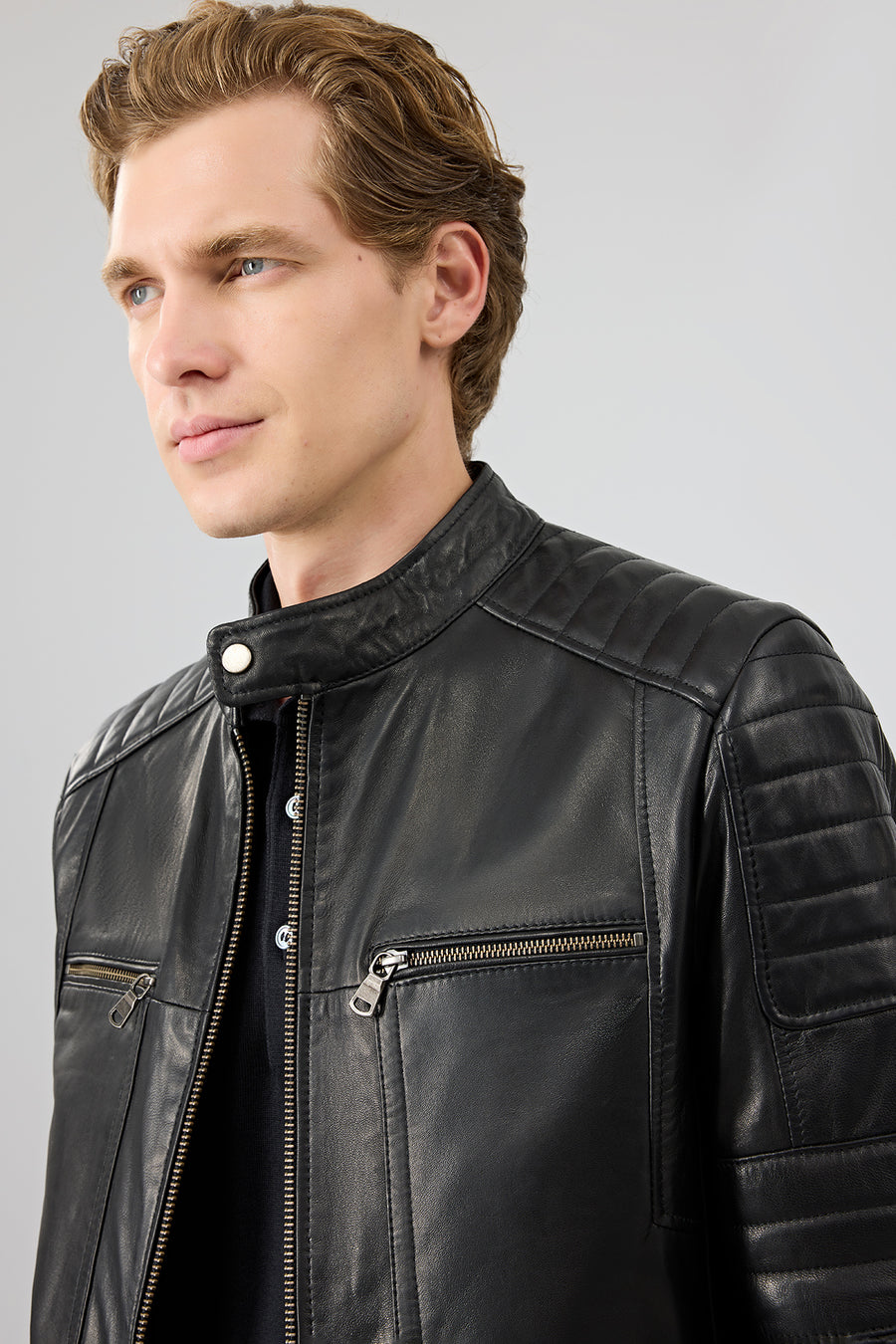 Morant Men's Black Mandarin Collar Leather Jacket