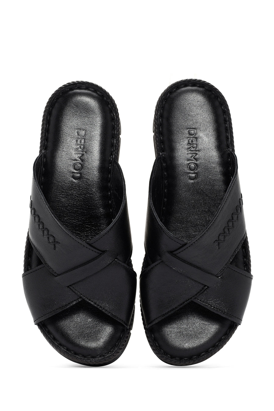 Women's Black Thick Soled Leather Comfort Slippers
