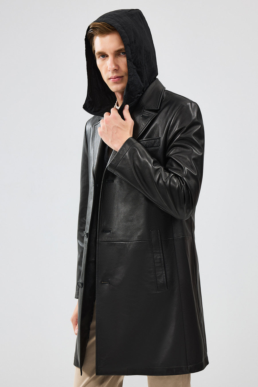 Dias Men's Black Long Hooded Leather Trench Coat