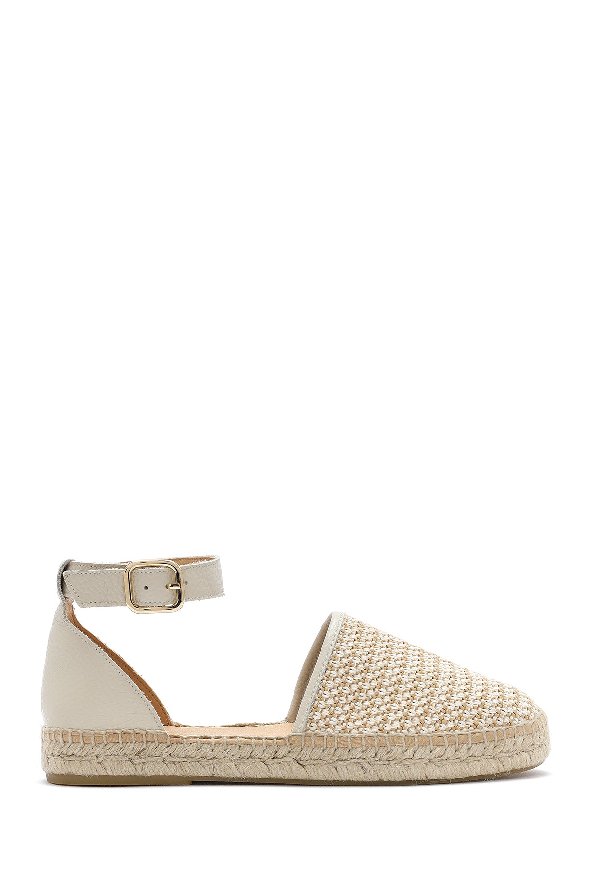 Kadın Bej Bilekten Tokalı Hasır Deri Espadril Sandalet