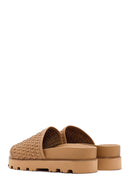 Women's Brown Knit Leather Slippers | Derimod