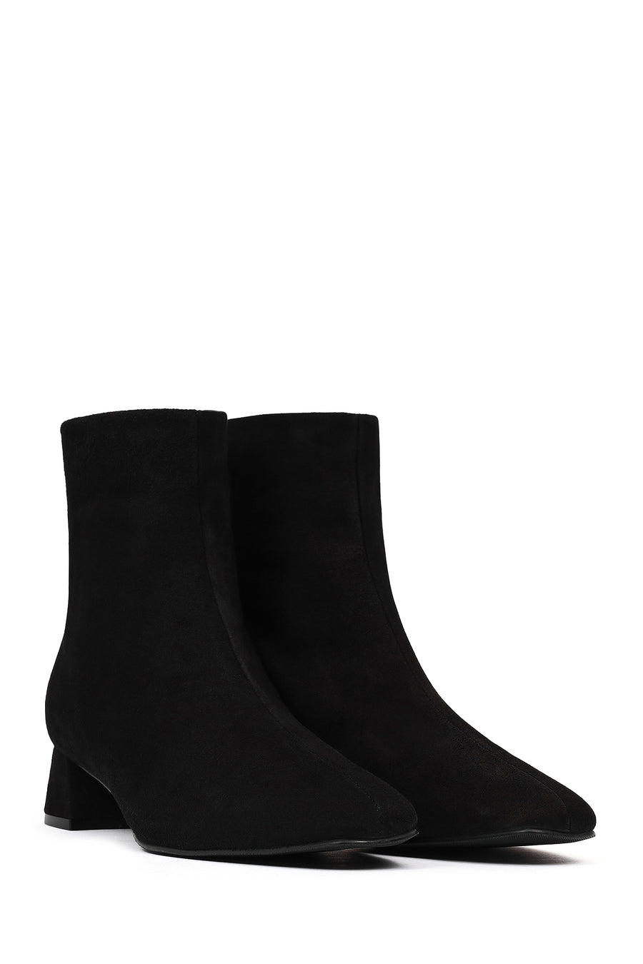 Woman Black Zip Closure Short Thick Heeled Suede Boots