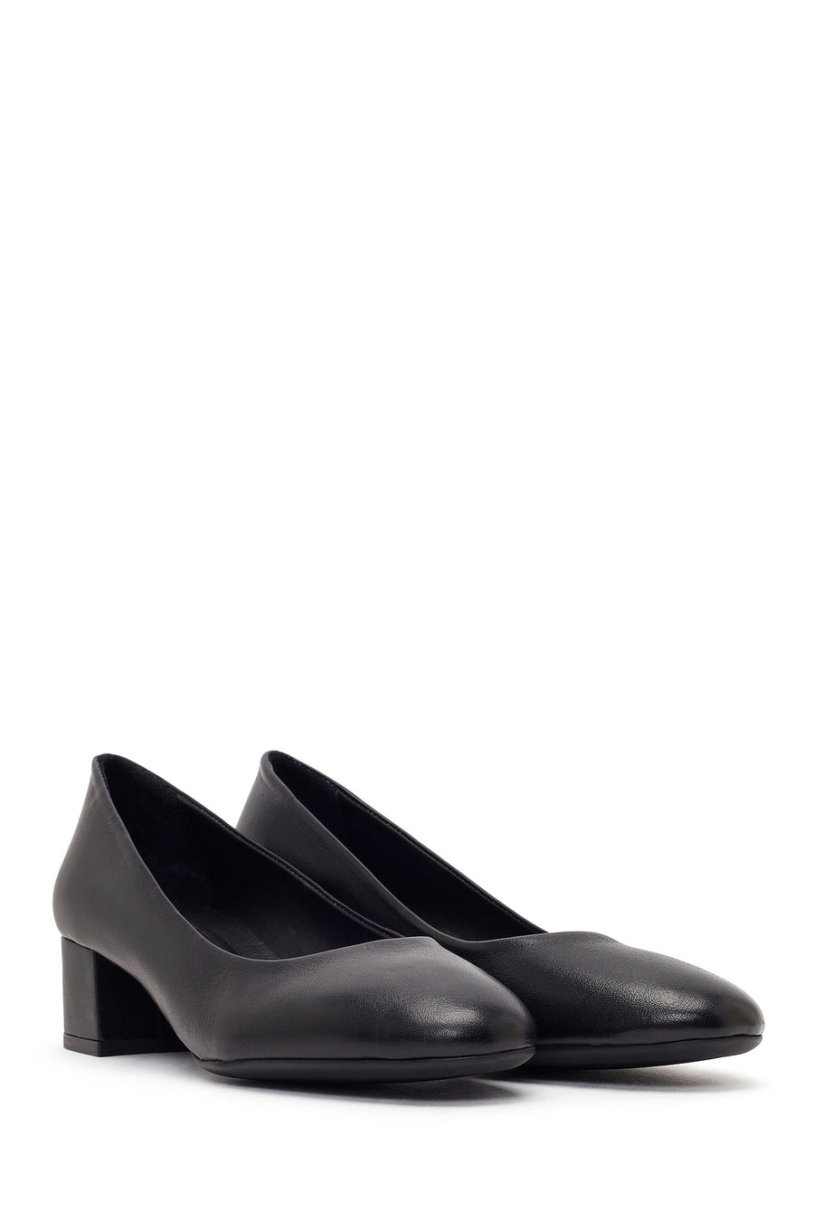 Women's Black Short Thick-Heeled Leather Shoes