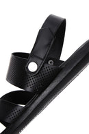 Men's Black Leather Printed Sandals | Derimod