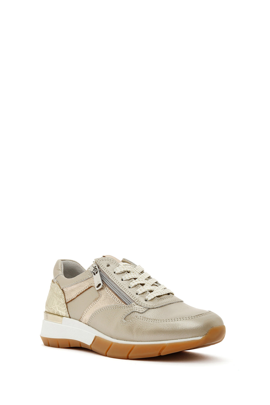 Kadın Altın Bağcıklı Yandan Fermuarlı Deri Sneaker