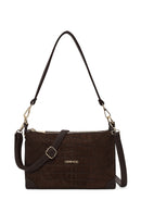 Woman Brown Printed Long-Strap Suede Shoulder Bag | Derimod