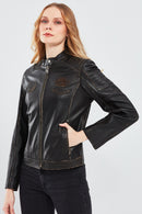 Tampa Women's Bronze Emblem Sports Leather Coat | Derimod