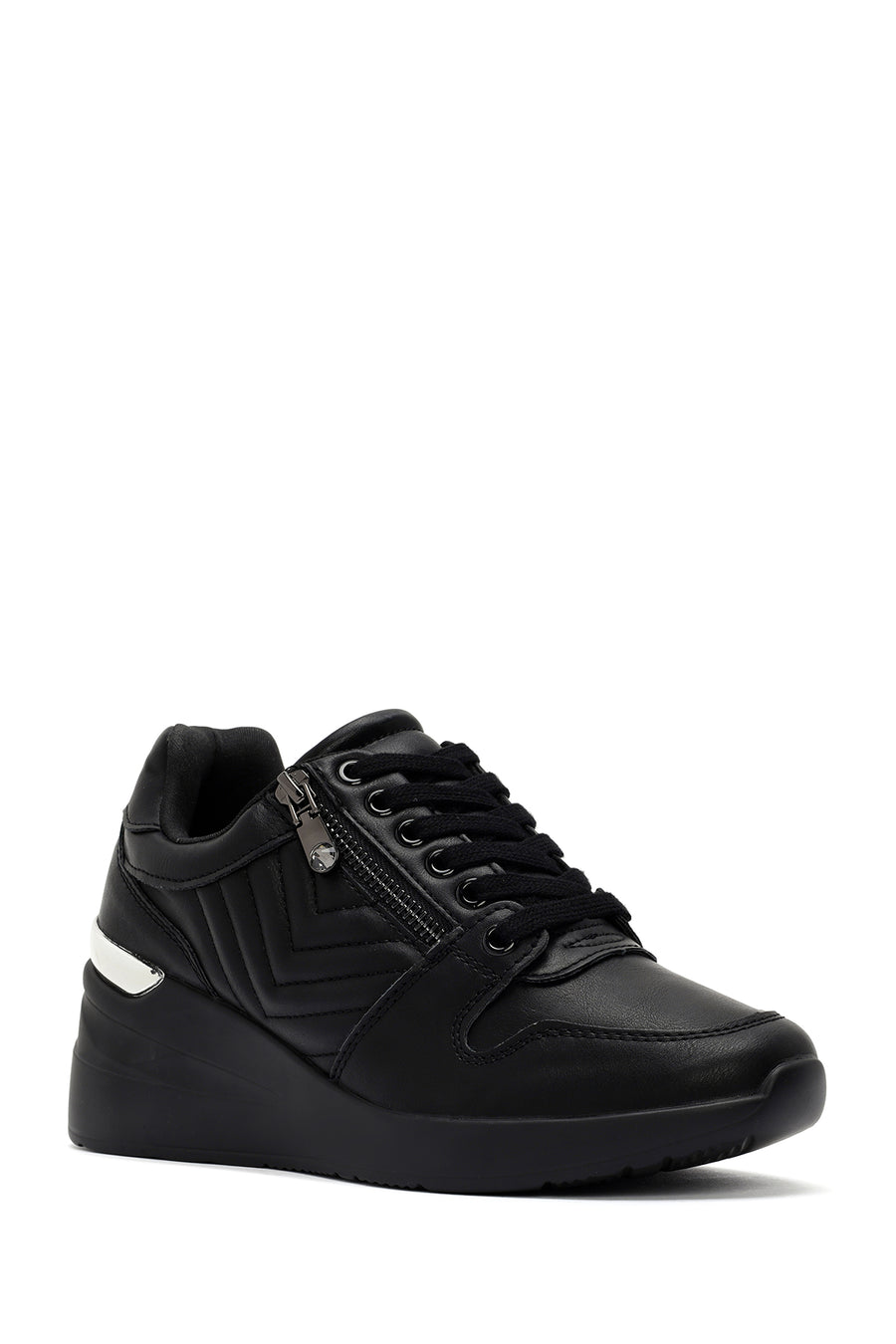 Kadın Siyah Bağcıklı Dolgu Topuklu Deri Sneaker