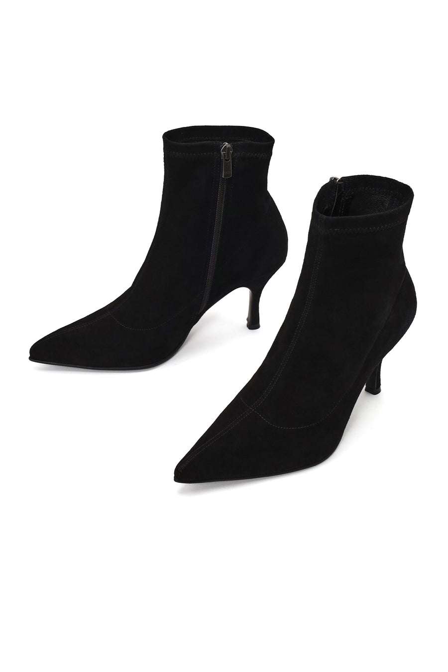 Woman Black Zip Closure Thin-Heeled Suede Boots