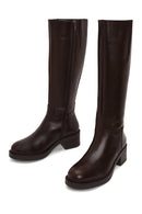 Woman Brown Zip Closure Thick-Heeled Leather Boots | Derimod