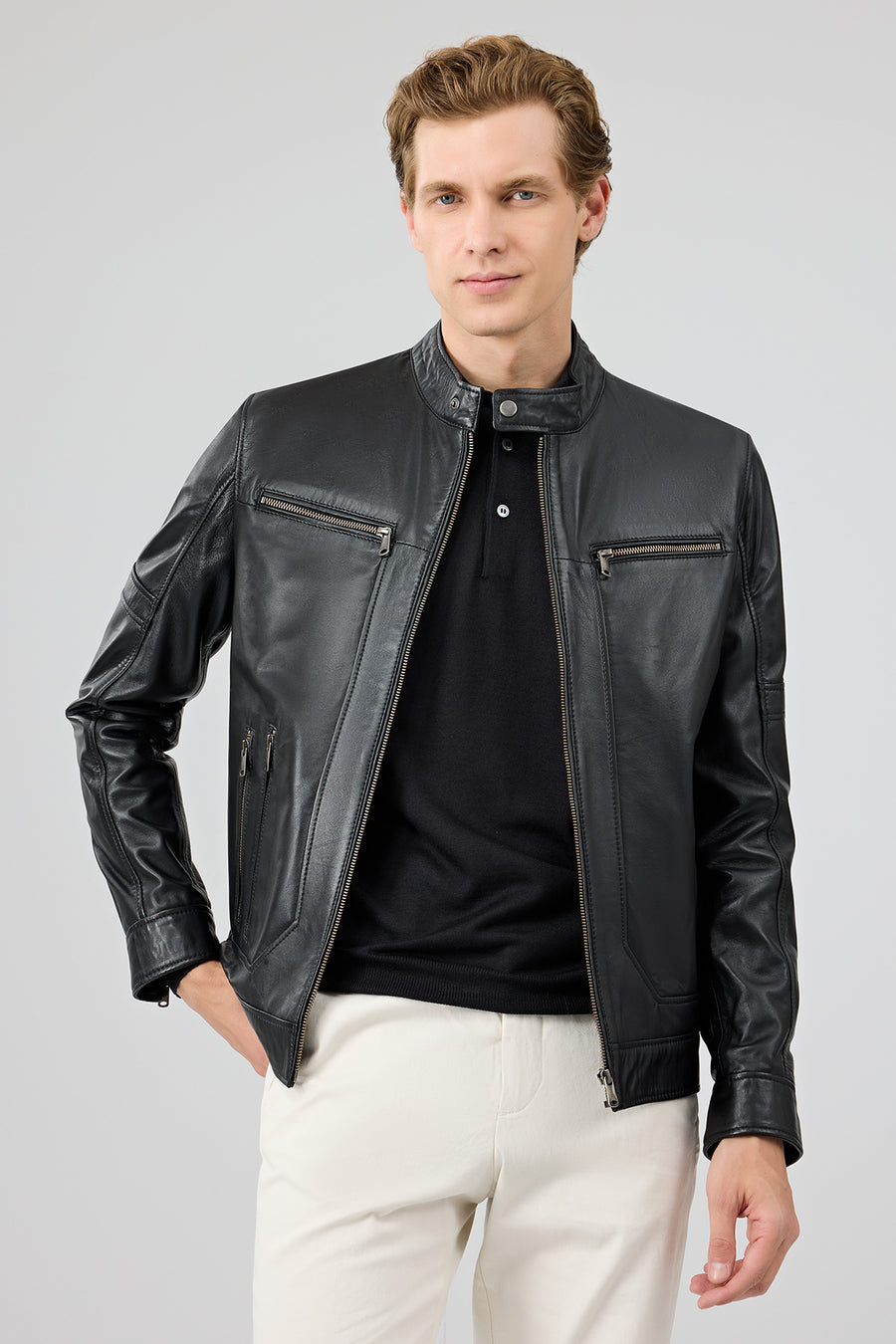 Patrick Men's Black Judge Collar Leather Jacket 24WGE65411M | Derimod