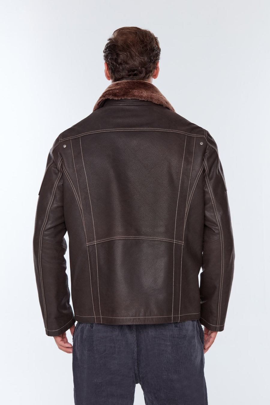 Angelo(Plus) Men's Brown Leather Jacket with Fur Collar