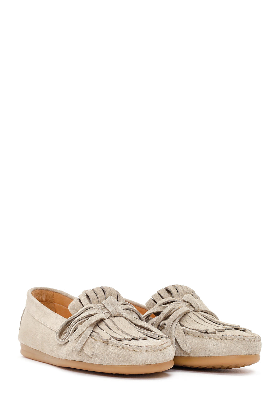 Woman Beige Tasselled Suede Leather Loafers