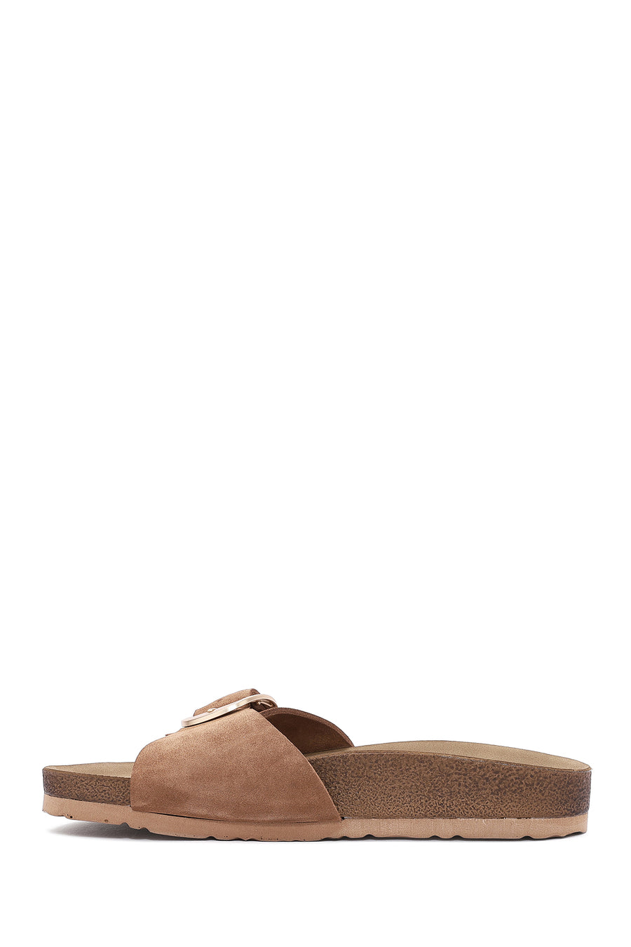 Women's Brown Buckle Suede Leather Slippers
