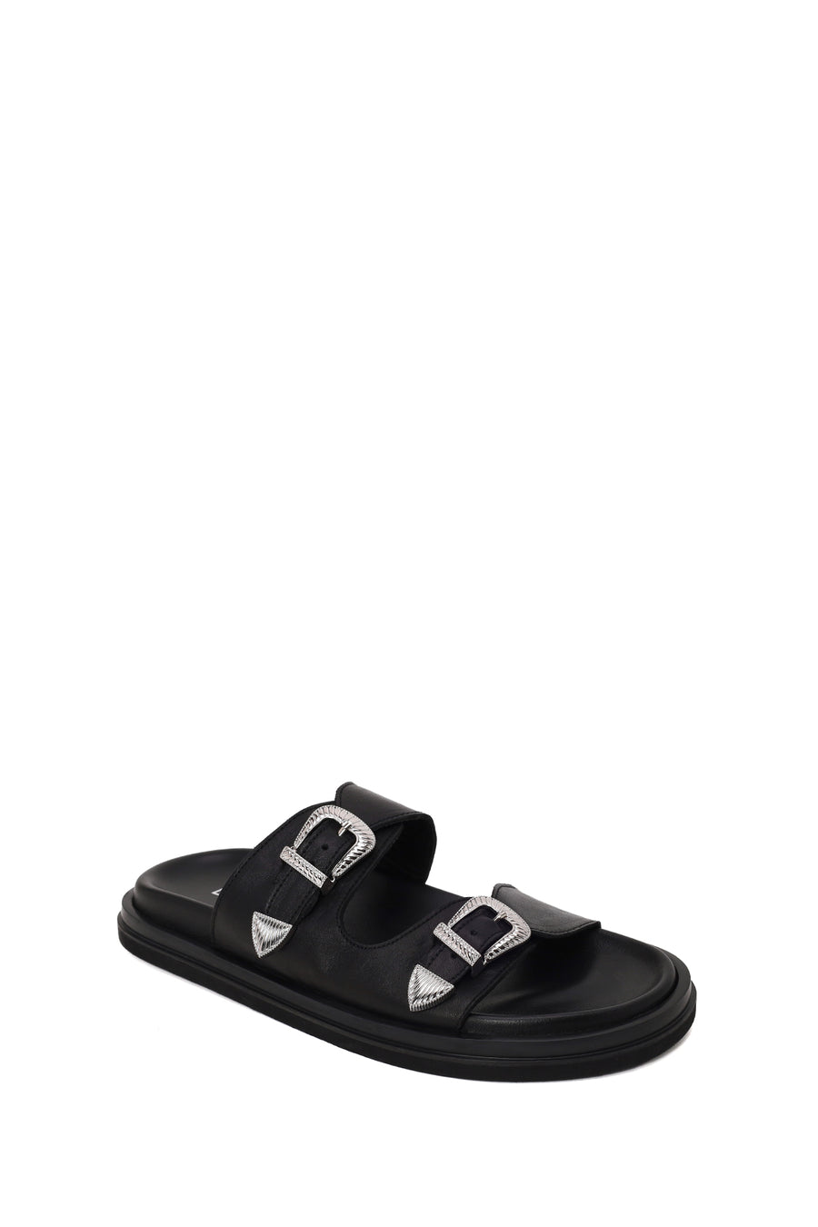Woman Black Double-Buckle Leather Slipper