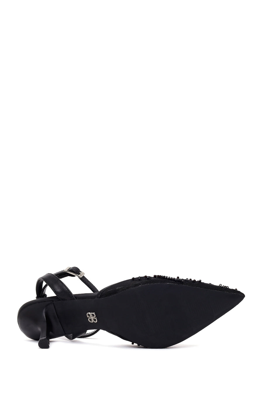 Woman Black Ankle-Buckle Floral Embroidered Open-Back Thin High Heel