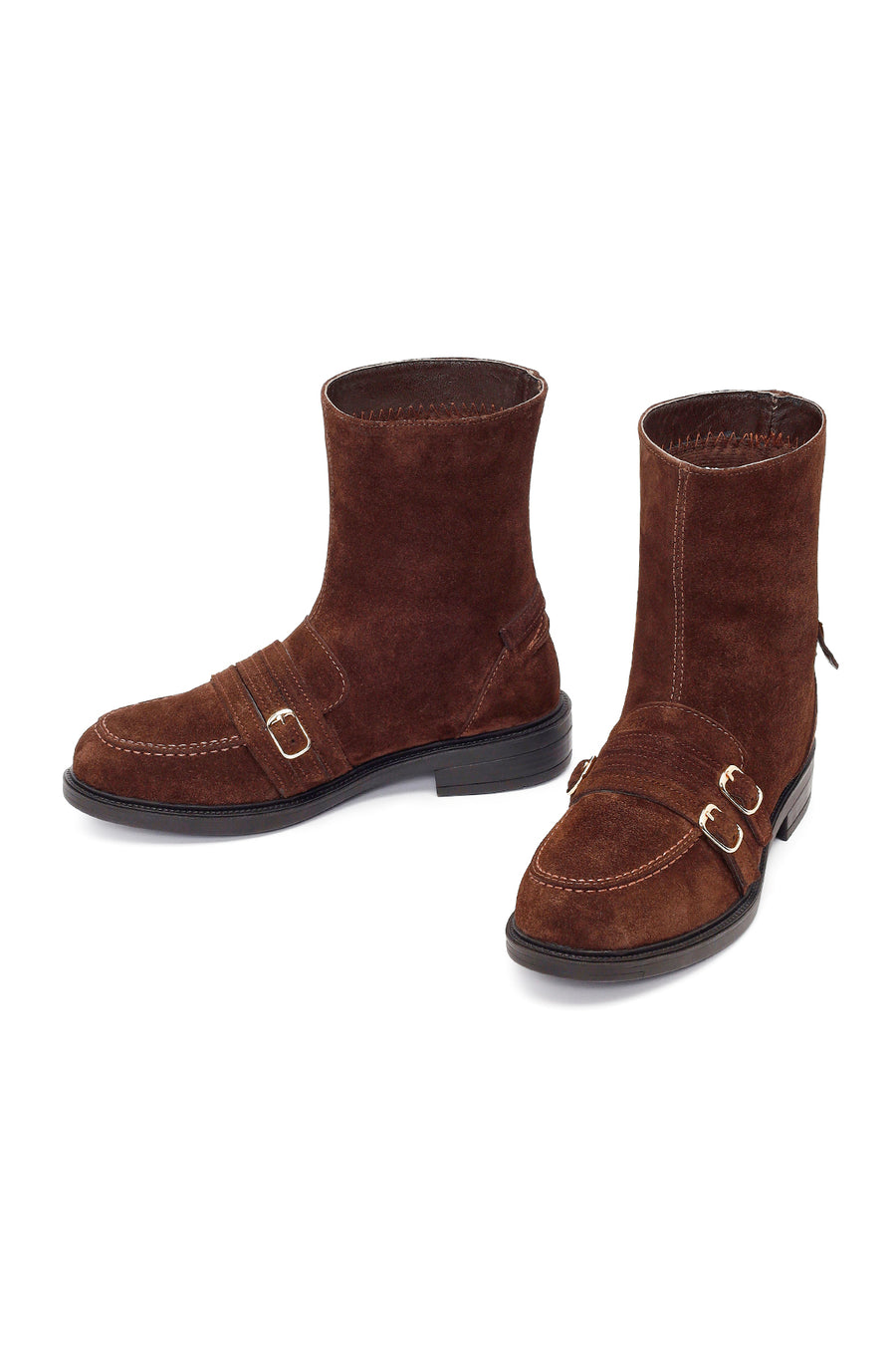 Woman Brown Buckled Suede Boots