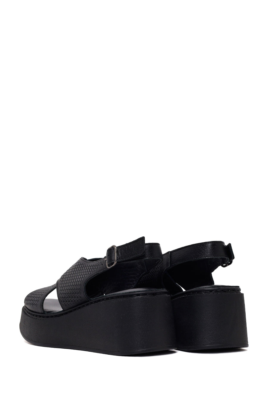 Woman Black Ankle-Buckle Wedge-Heel Leather Comfort Sandal