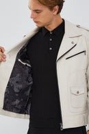 Carter Men's Beige Biker Leather Coat | Derimod