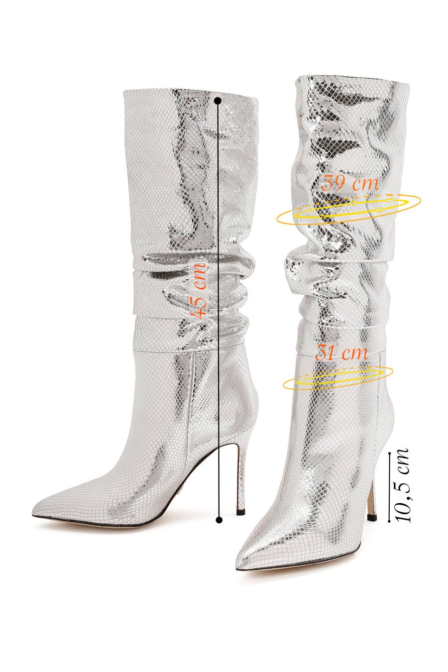 Women's Grey Thin Heel Metallic Leather Boots