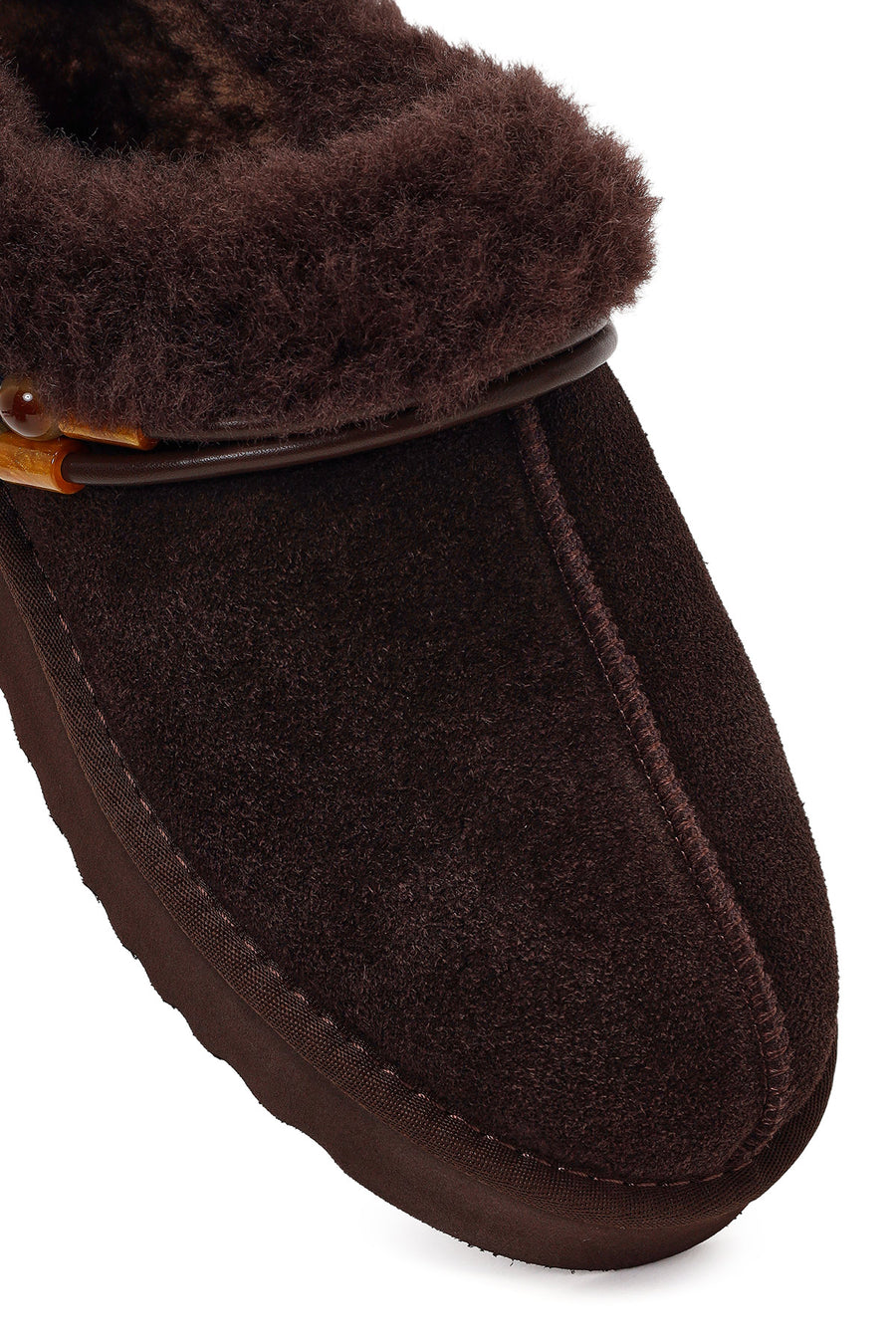 Woman Brown Stone-Embellished Suede Teddy Slipper