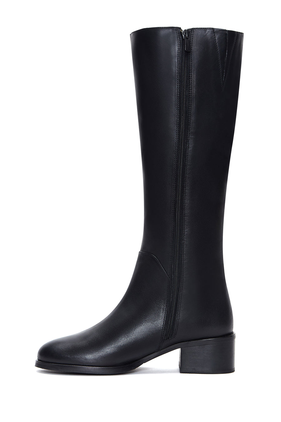 Women's Black Leather Zippered Heeled Boots